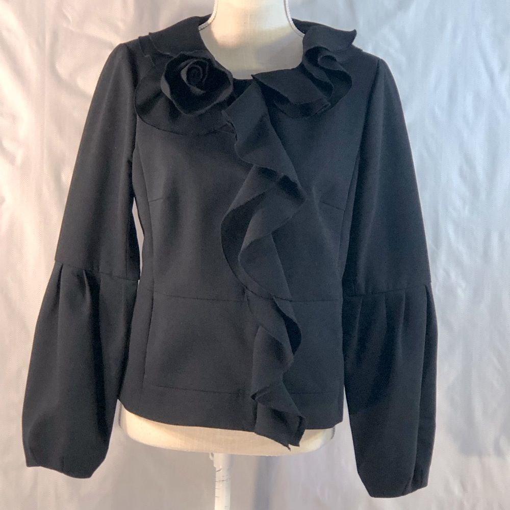 Magaschoni Collection Jacket Black  Wool Blend Ruffle Blouson Sleeves EUC 8👍
